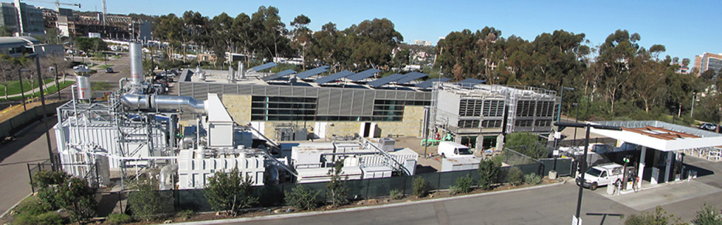 UC San Diego microgrid consists of two 13.5 MW gas turbines, one 3 MW steam turbine, and a 1.2 MW PV installation that together supply 85 % of the campus' electricity needs, 95 % of its heating, and 95 % of its cooling. It has also a 2.8 MW molten carbon fuel cell. The campus is connected to San Diego Gas & Electric by a single 69 kV substation.