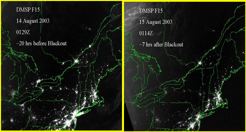 2003 Northeast Blackout. Satellite pictures before and after the blackout. National Geophysical Data Center (NOAA/DMSP).